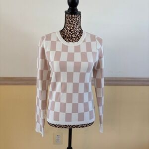 Hem & Thread Pink Cream Checkerboard Knit Crewneck Sweater 33109 Womens Small